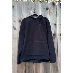 Champion Sherpa Hoodie Mens Large Black Fleece Pullover‎ Sweatshirt